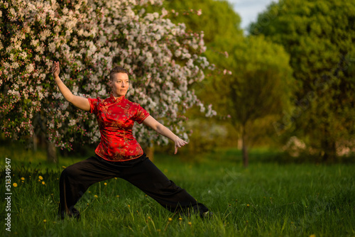 Asian woman train with tai chi in the park in the evening, chinese martial arts, healthy life care concept.