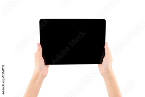 Hands holding black tablet, isolated on white background. Digital tablet in hands. Hands holding tablet touch computer gadget with isolated screen.