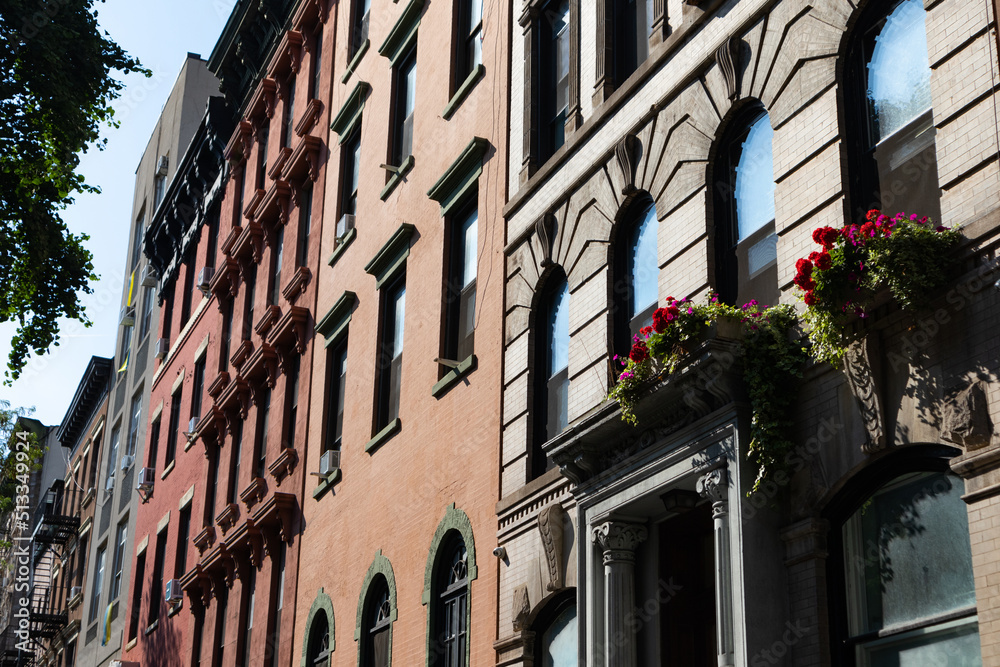 Fototapeta premium Row of Colorful Old Residential Buildings in the East Village of New York City during the Summer