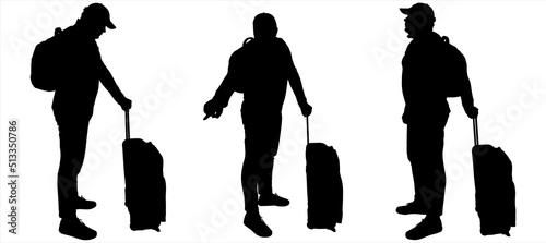 Tourists look at something and point a finger. A young guy in a cap, with a suitcase on wheels and a backpack. Side view, profile, front view, full face. Three male black silhouettes isolated on white