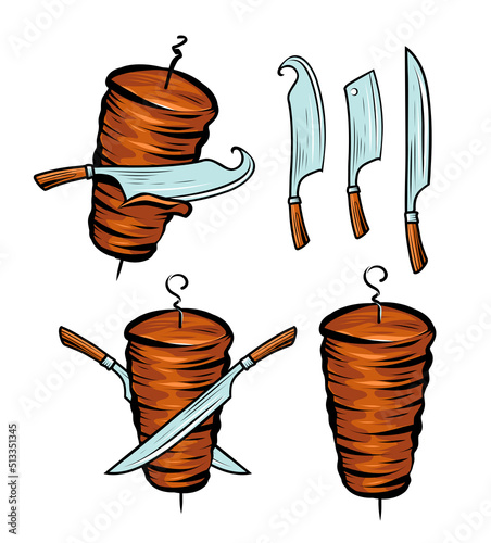 Kebab set. Turkish street food design elements. Vector illustration