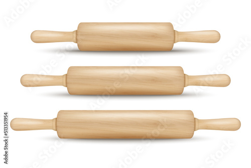 Vector 3d Realistic Textured Wooden Rolling Pin Icon Set Isolated. Kitchen Dough Roller, Design Template of Dough Rolling Pin for Bakery. Different Size. Front, Side View