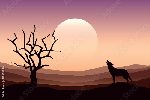 wolf is howling to the full moon scarry landscape with bare tree photo