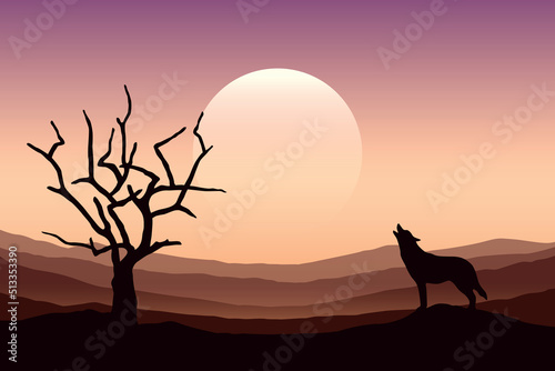 wolf is howling to the full moon scarry landscape with bare tree