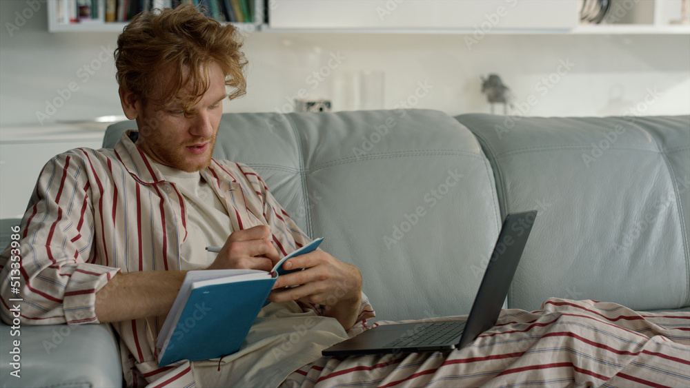 Businessman talking laptop computer at home office on lockdown period closeup. Businessman talking laptop computer at home office on lockdown period closeup.