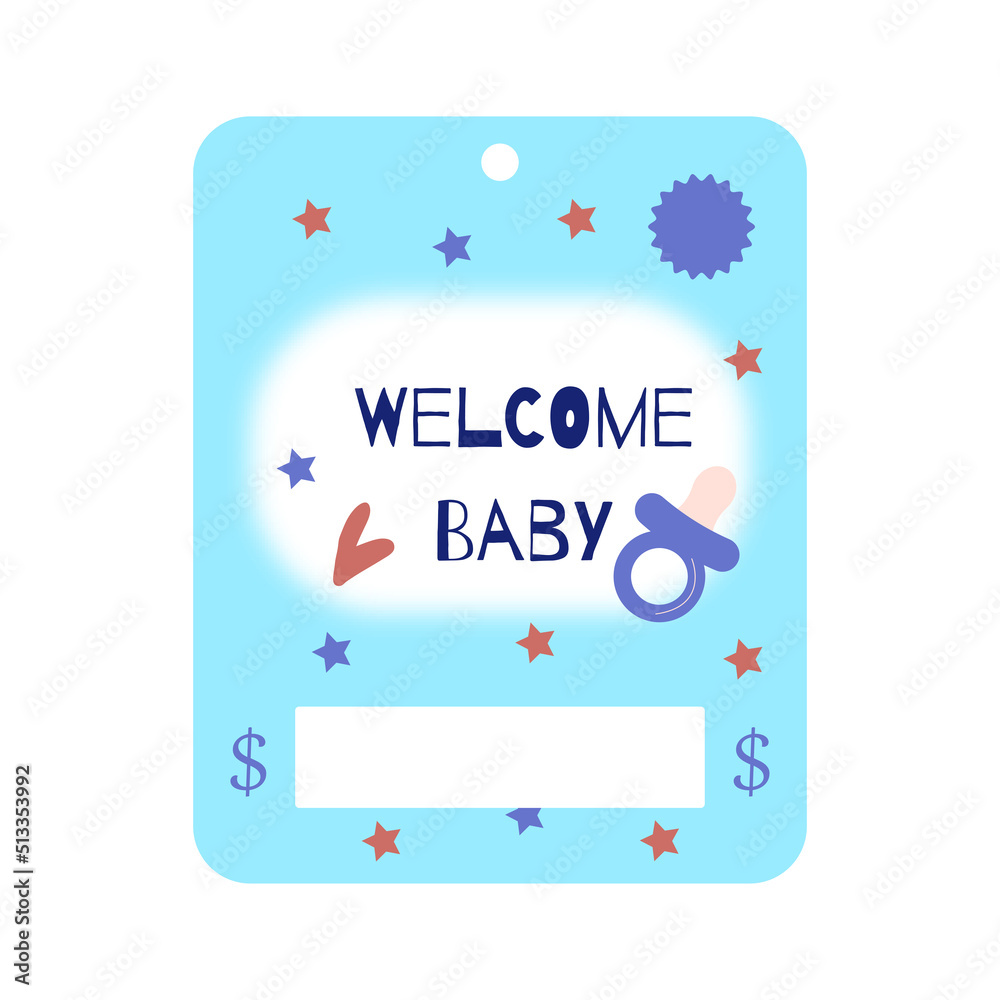 Welcome baby gift card. Baby shower greeting invitation cards. Money card blue pastel colors template. Vector illustration.