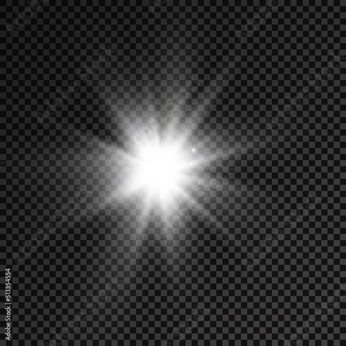 White glowing light star, burst sun rays.
