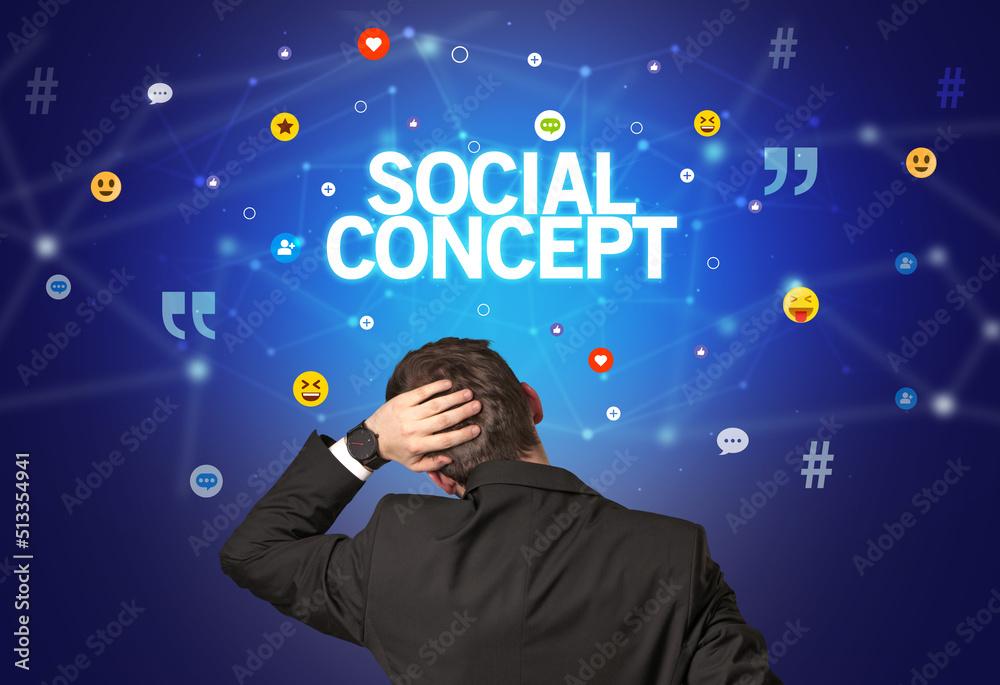 Rear view of a businessman, social media concept Rear view of a businessman, social media concept