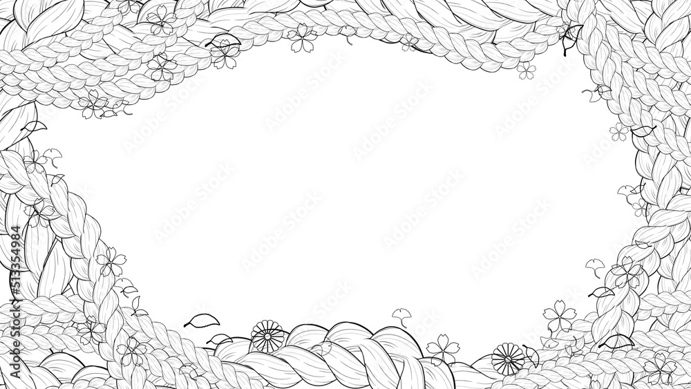 Blank black and white outline frame decoration doodle of random rope and flowers