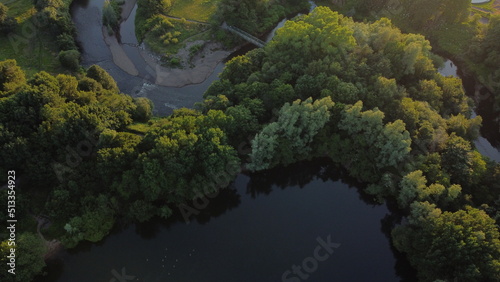 lake and forest view. Landscape and ducks with drone