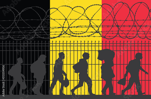 Flag of Belgium - Refugees near barbed wire fence. Migrants migrates to other countries.