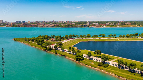 An aerial view of the Western tip of Belle Isle Park, looking beyond this is the Southern shore of the Detroit Riverfront. 