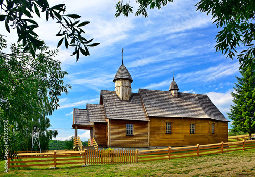 Old wooden catholic church in Oderne village near Gorlice, Low Beskids (Beskid Niski), Poland