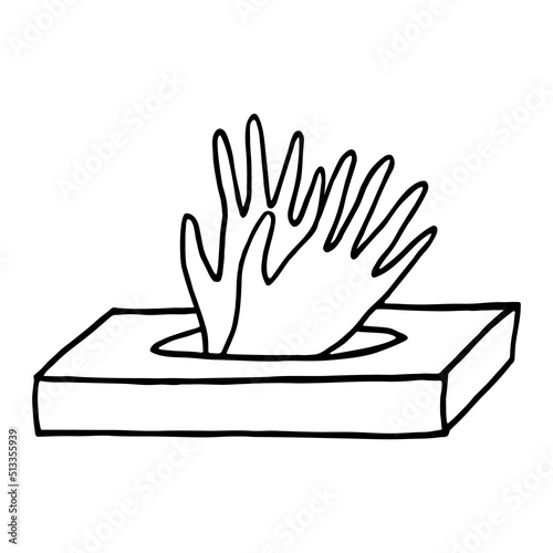 Rubber gloves box, outline sketch isolated on white. Latex or nitrile or vinyl glove pare in container. Professional accessory and doctor, hairdresser, cook chef or tattoo master uniform part.