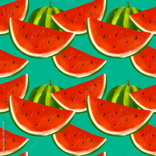 Summer seamless pattern with watermelon slices on blue background