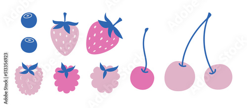 Set of vector berries illustrations. Collection of multicolor stylish strawberry cherry raspberry icons.