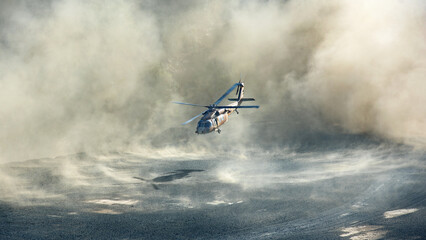 Handdoek met foto Helikopter Black Hawk landt in stofwolken  © ChaoticDesignStudio