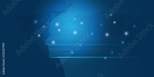 Futuristic Abstract Machine Learning, Artificial Intelligence, Cloud Computing and Networks Design Concept with Human or Robot Silhouette, Wavy Patterned Face Profile, Glowing Network Nodes Around