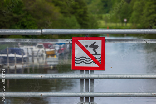 Close up view of sign prohibiting diving to water. Sweden. 