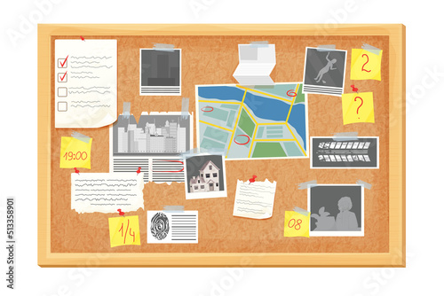 Detective investigation cork board, work place in cartoon style isolated on white background. Mystery photo, map, police mind plan 