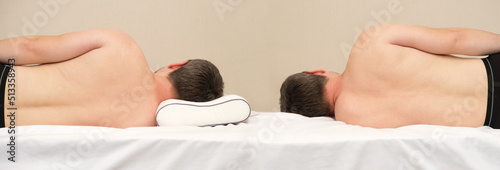 Comparison of a man lying on an orthopedic pillow and without it on his side. Correct posture during sleep photo