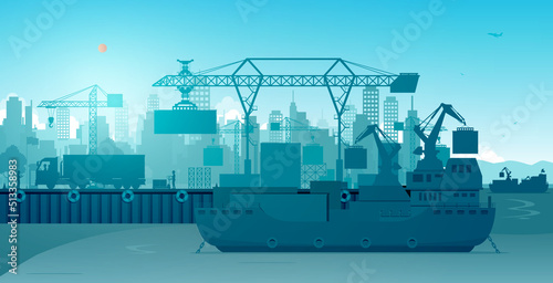 A port with cargo ships and container cranes with workers and trucks. photo