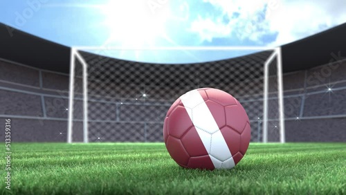 Latvia soccer ball, rolling into stadium with camera flashes. 3D animation