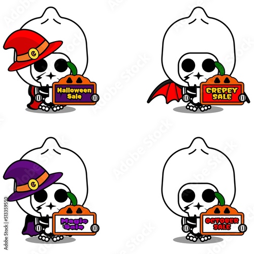 Vector cartoon character mascot costume bone dim sum food holding sale halloween board
