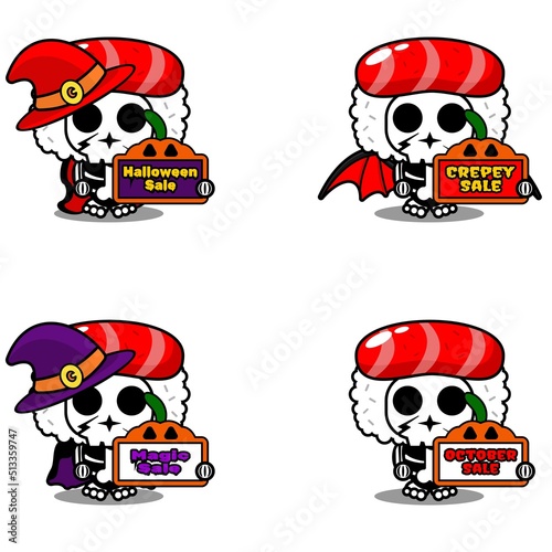 Vector cartoon character mascot costume bone sushi food holding sale halloween board