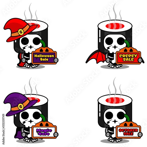 Vector cartoon character mascot costume bone sushi roll food holding sale halloween board