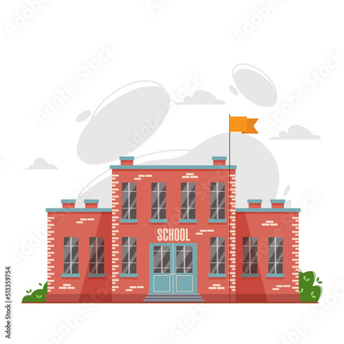  School building icon or logo design. Flat illustration of red brick school building with flag pole and waving orange flag, inscription school on the facade. Front side and main entrance.