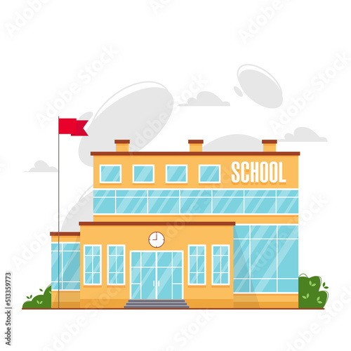 Fototapeta Naklejka Na Ścianę i Meble -  Modern school building front side or facade design concept. Vector illustration in flat style of school institution with inscription school and a clock on the facade, flag pole and waving red flag.