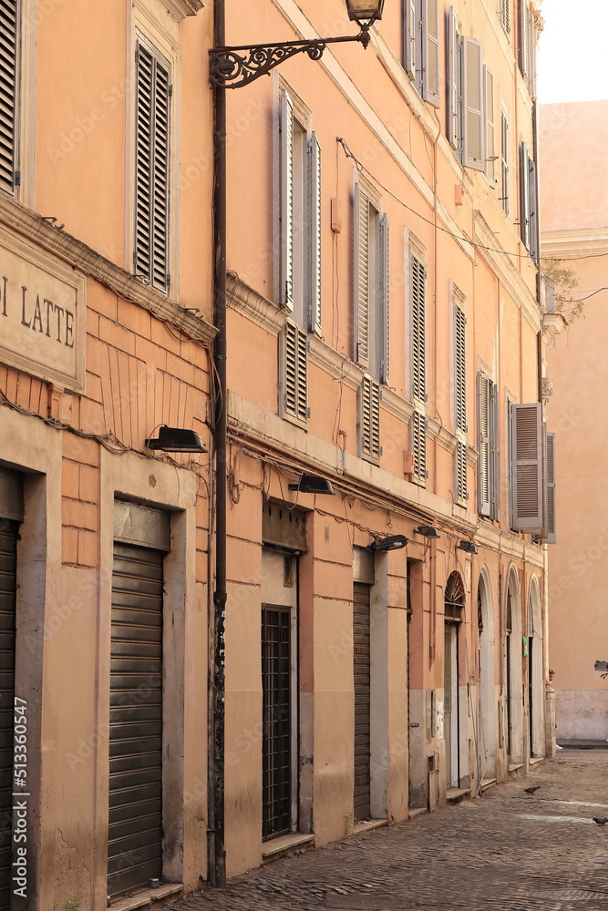  Rome Street View with Salmon Pink House Facades, Italy