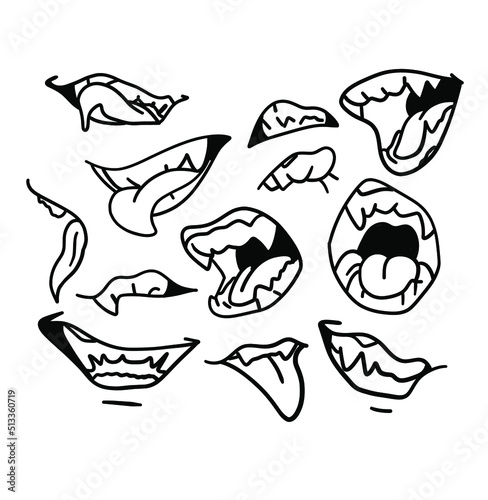 Doodle mouth. Funny cartoon pop art smile anger and scary face expression with teeth and tongue. Vector hand drawn isolated mouths set