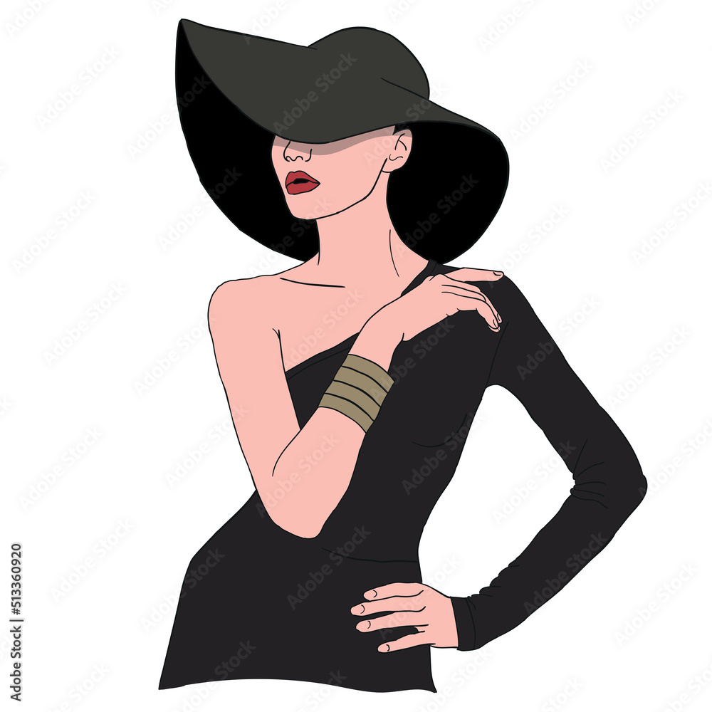 Cartoon portrait hand drawn of an elegant Caucasian woman with red lips ...