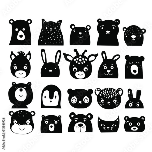 Safari animal faces kawaii style. Cute animals heads icons. Fun vector illustration animals.