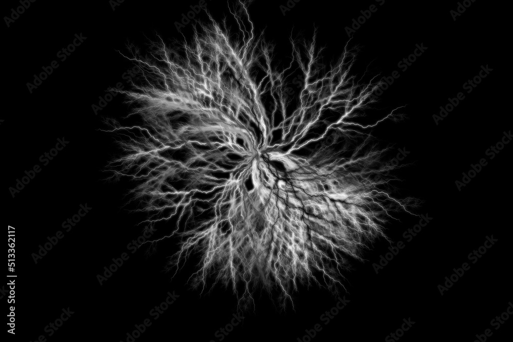 A ball of monochrome lightning bolts isolated on a black background