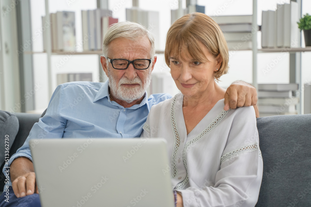 relaxed mature couple using laptop computer shopping online in the living room.