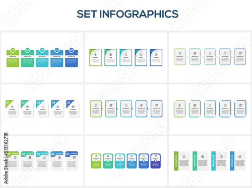 Set infographic with 4, 5, 6, steps, options, parts or processes. Business data visualization.