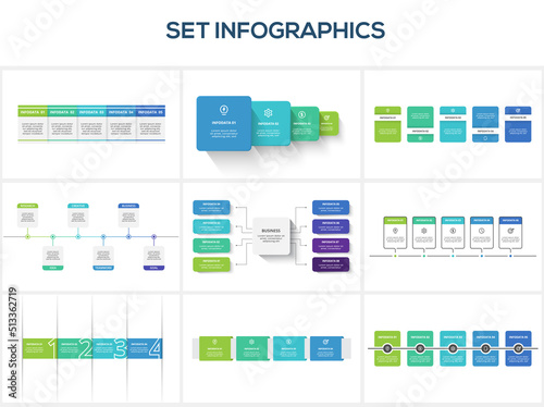 Set infographic with 4, 5, 6, 8 steps, options, parts or processes. Business data visualization.