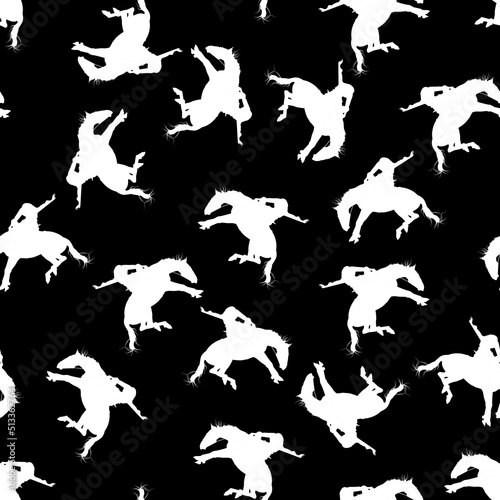 Patrón de doma de caballo blanco y jinete sobre fondo negro photo