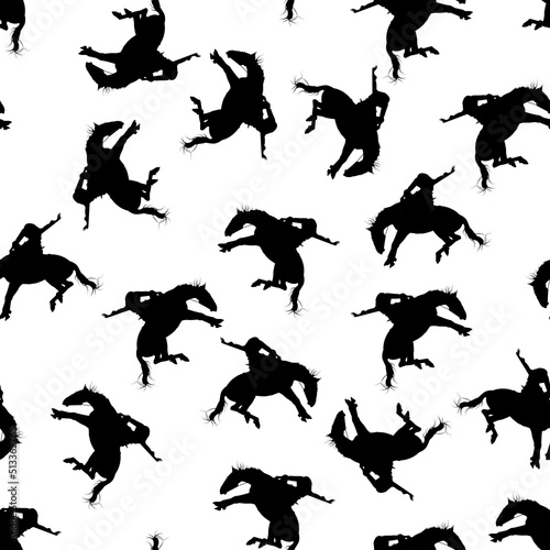 Patrón de doma de caballo negro y jinete sobre fondo blanco