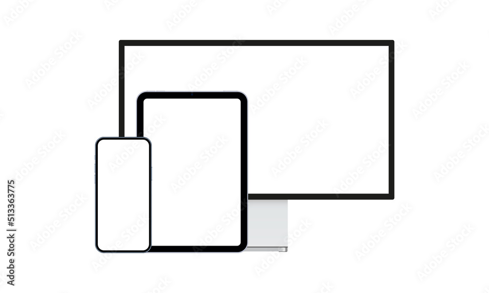 Modern Computer Monitor, Smartphone, Tablet With Blank Screens, Isolated on White Background. Vector Illustration