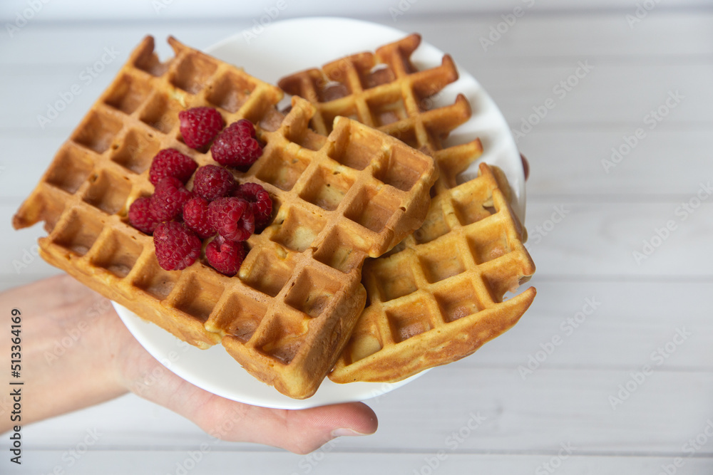 man hand hold white plate with heap of freah waffles with berries. Lunch concept. Selective focus man hand hold white plate with heap of freah waffles with berries. Lunch concept. Selective focus