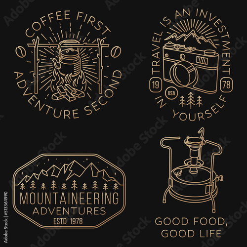 Set of travel inspirational quotes. Vector Concept for shirt or logo, print, stamp. Vintage line art design with retro photo camera, primus, camping kettle and mountain. Camping quote.