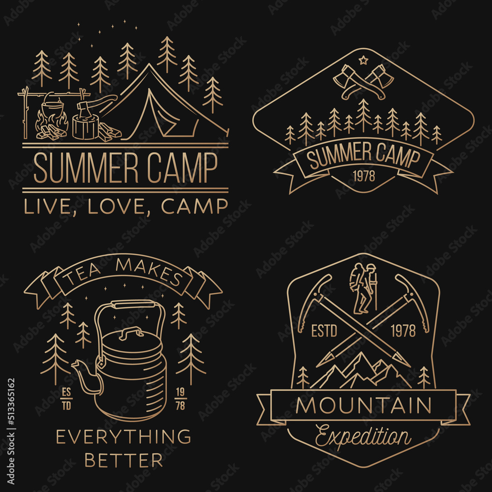 Set of camping badges, patches. Vector illustration. Concept for shirt or logo, print, stamp or tee. Vintage line art design with cup, camper tent, pot on the fire, axe, mountain and forest.