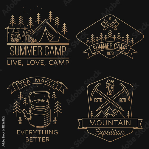 Set of camping badges, patches. Vector illustration. Concept for shirt or logo, print, stamp or tee. Vintage line art design with cup, camper tent, pot on the fire, axe, mountain and forest.
