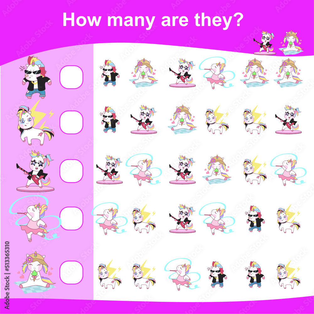 How many are they? Counting unicorns together. Math worksheet. Educational sheet for children. Vector illustrations. How many are they? Counting unicorns together. Math worksheet. Educational sheet for children. Vector illustrations.
