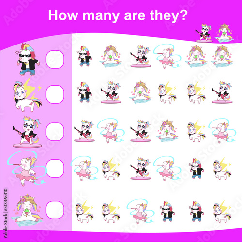 How many are they? Counting unicorns together. Math worksheet. Educational sheet for children. Vector illustrations.
