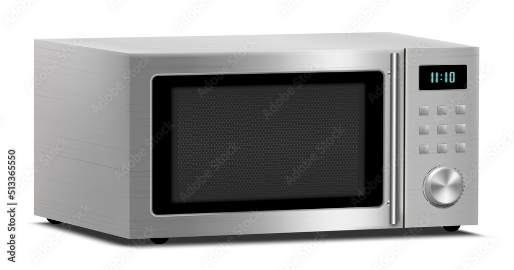 Realistic Microwave Isolated on White Background. Side View of Stainless Steel Over the Range Microwave Oven. Household Kitchen and Domestic Appliances. Vector 3d rendering Realistic Microwave Isolated on White Background. Side View of Stainless Steel Over the Range Microwave Oven. Household Kitchen and Domestic Appliances. Vector 3d rendering